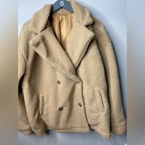 Tan Teddy Double-Breasted Cropped Jacket.